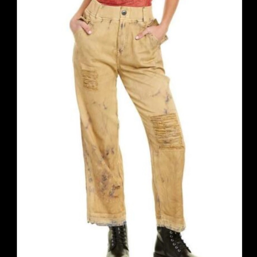 Free People Tan Distressed Straight Leg Jeans | Size XS
